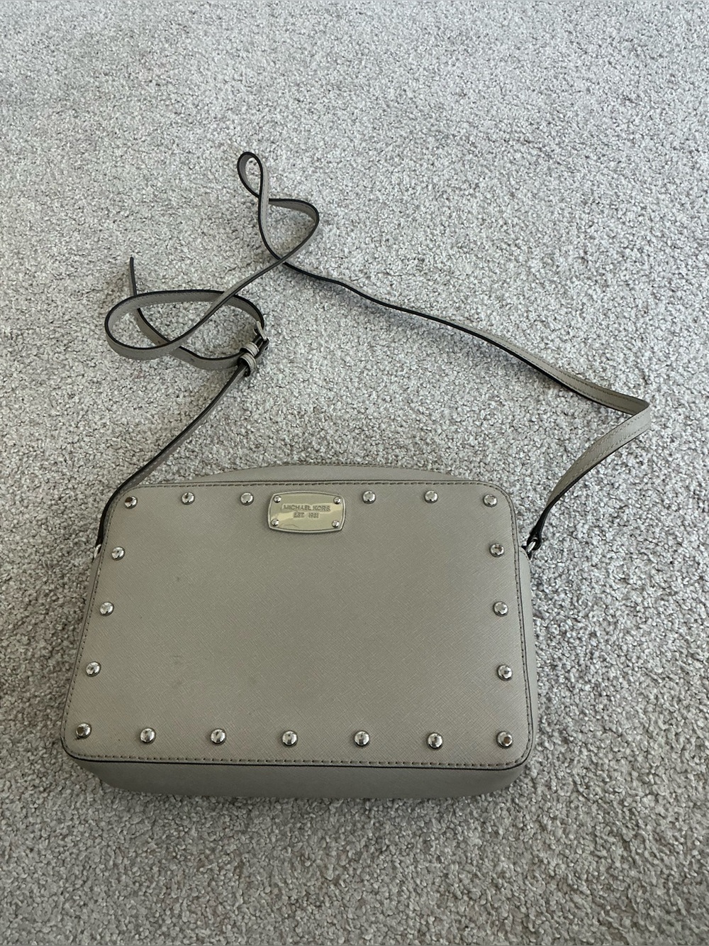 Michael Kors Taupe Saffiano Leather Studded Crossbody Bag